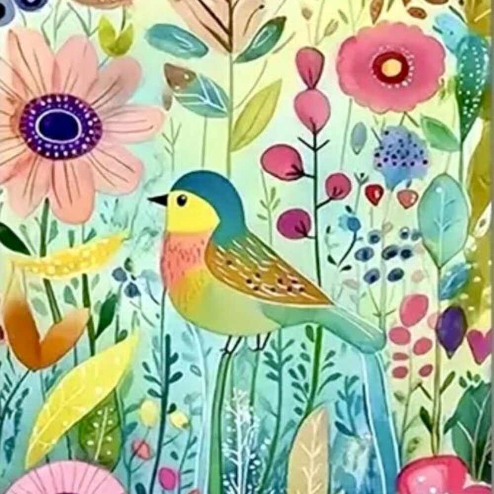 16x24 Bright Colors Whimsical Spring Flowers Bird Nature Floral Art Print New
